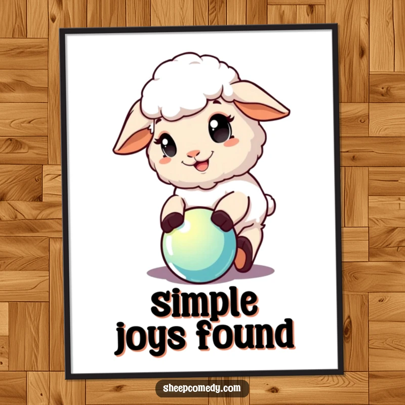 Funny Sheep Poster: A sheep with a look of pure delight engaged in playing with a shiny, round ball.