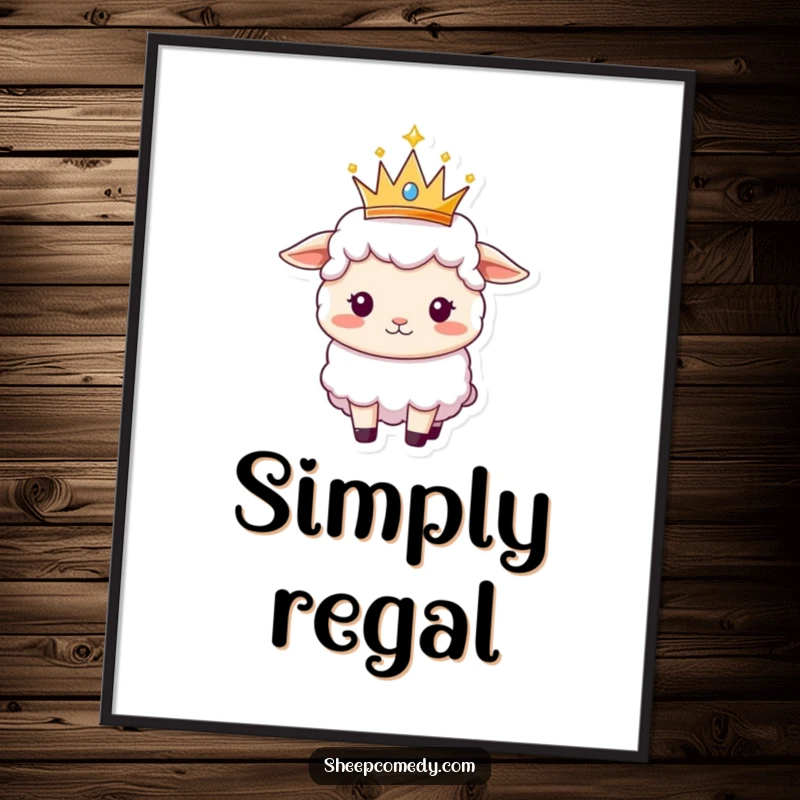 Funny Sheep poster art of a sheep balancing a small, sparkly crown on its head, a picture of fluffy majesty.