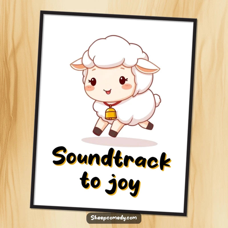 Funny Sheep Poster: A happy sheep with a tiny bell joyfully skips along, printed as charming and funny wall art.