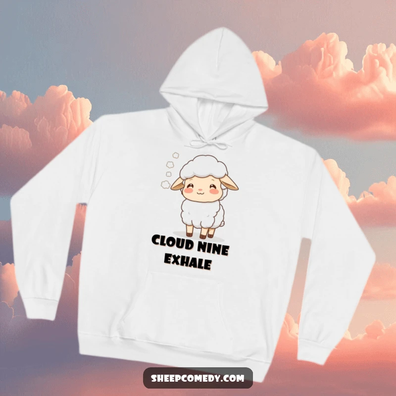 Funny sheep exhaling a soft cloud of mist with a contented smile, depicted on a warm, cozy hoodie.