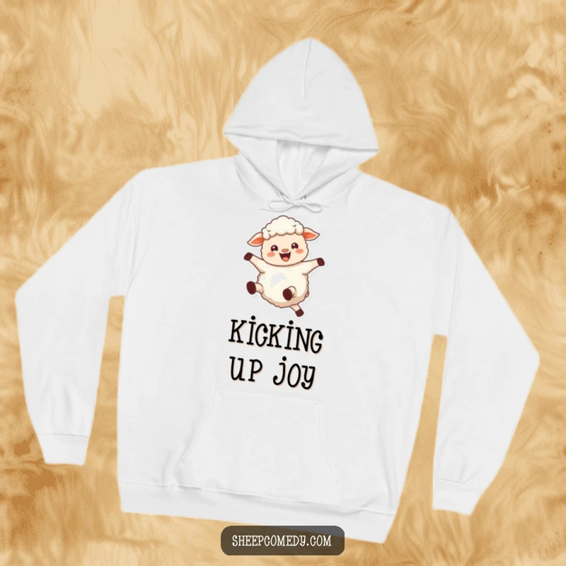 Funny sheep hoodie featuring a joyful sheep bleating and kicking its legs, cozy and happiness-inducing design.