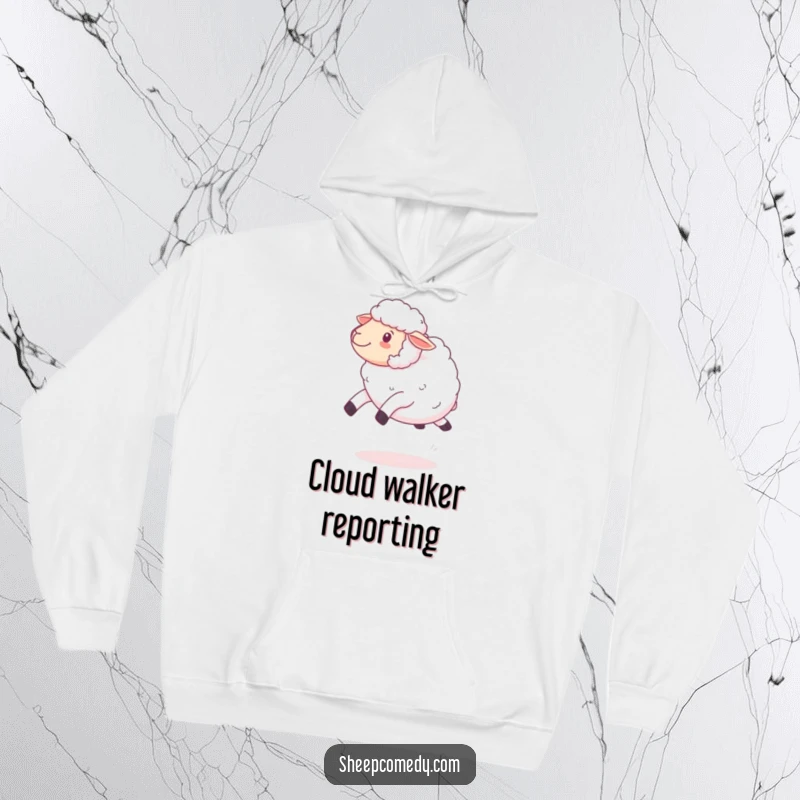 Funny kawaii sheep hoodie, showcasing fluffy wool and a playful bouncing pose, ideal for warm and humorous lounging.