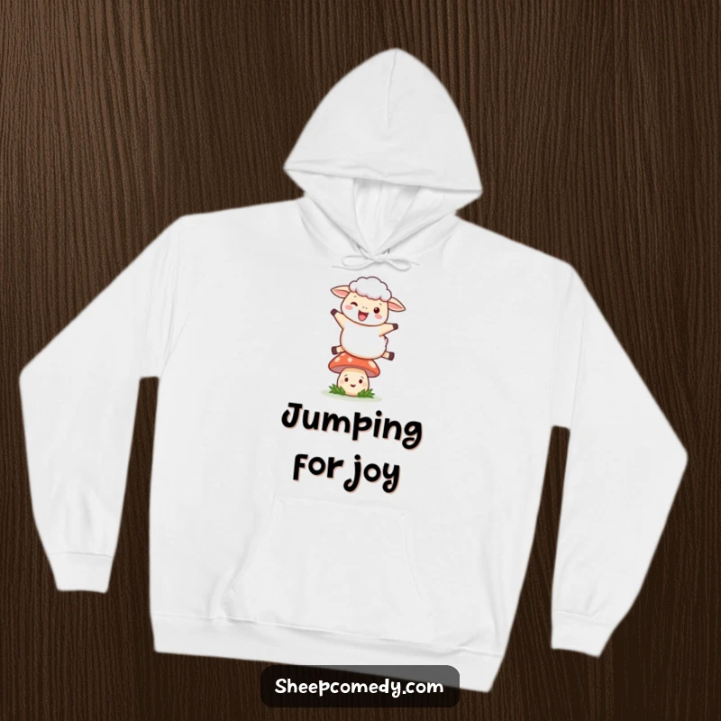 Funny Leaping Sheep Hoodie: A sheep joyfully leaping over a smiling mushroom, warm and humorous.