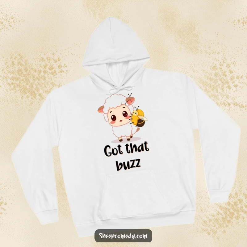 Funny Sheep Hoodie shows a sheep with a surprised expression being nudged by a bumblebee, combining warmth with whimsical, humorous farm and insect art.