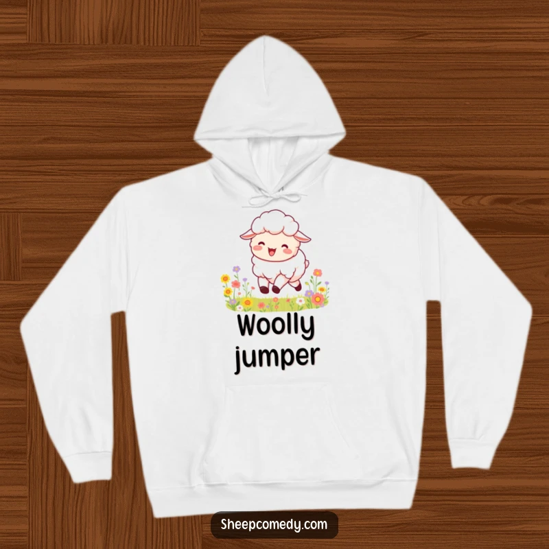Funny hoodie depicting a fluffy sheep bleating with joy, happily bounding through a colorful and vibrant field of blooming flowers.