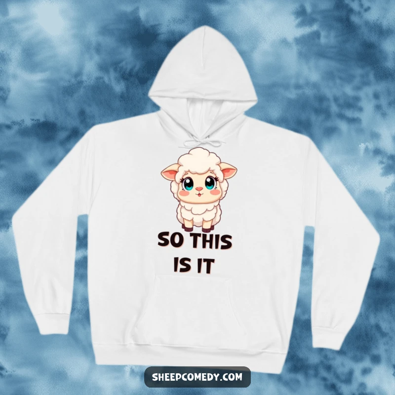 Funny hoodie showing a sheep character with wide, amazed eyes beholding a brilliant rainbow, radiating happiness and a sense of awe.