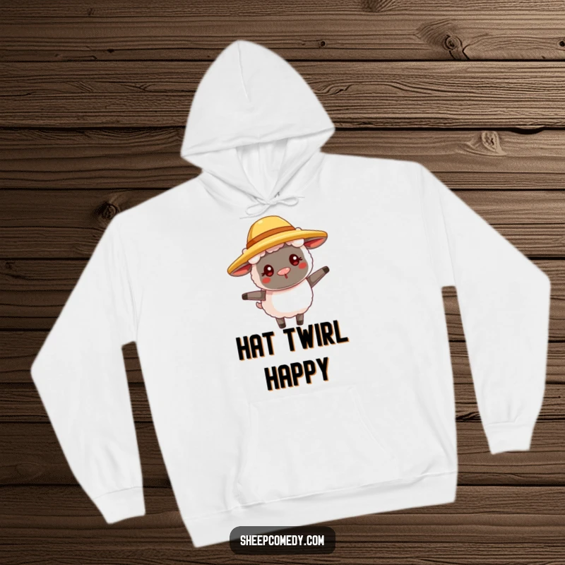 Funny sheep hoodie featuring a goofy sheep in a straw hat, happily twirling, cozy and joyful design.