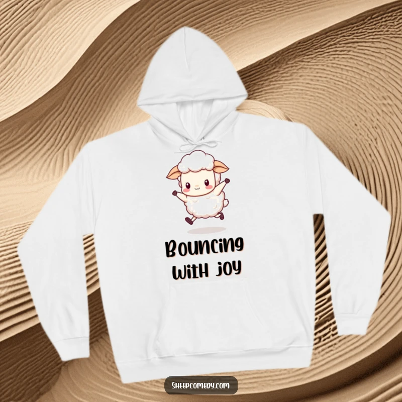 Funny sheep doing a silly skip, its wool bouncing rhythmically, depicted on a warm and snuggly hoodie.