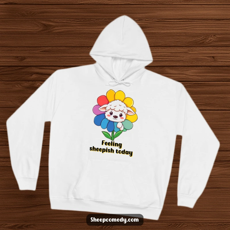 Funny Sheep Hoodie: A charming sheep peeking out from a brightly colored rainbow flower, bringing smiles.