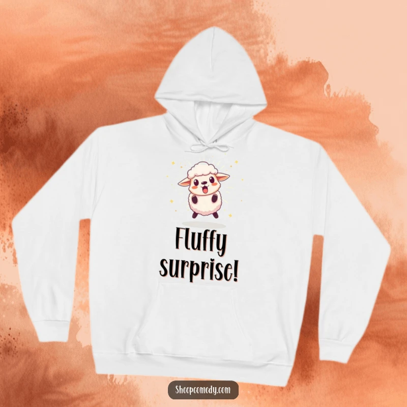 Funny hoodie depicting a surprised sheep leaping away from a bursting, sparkling pom-pom, designed for cozy, humorous wear during surprising times.