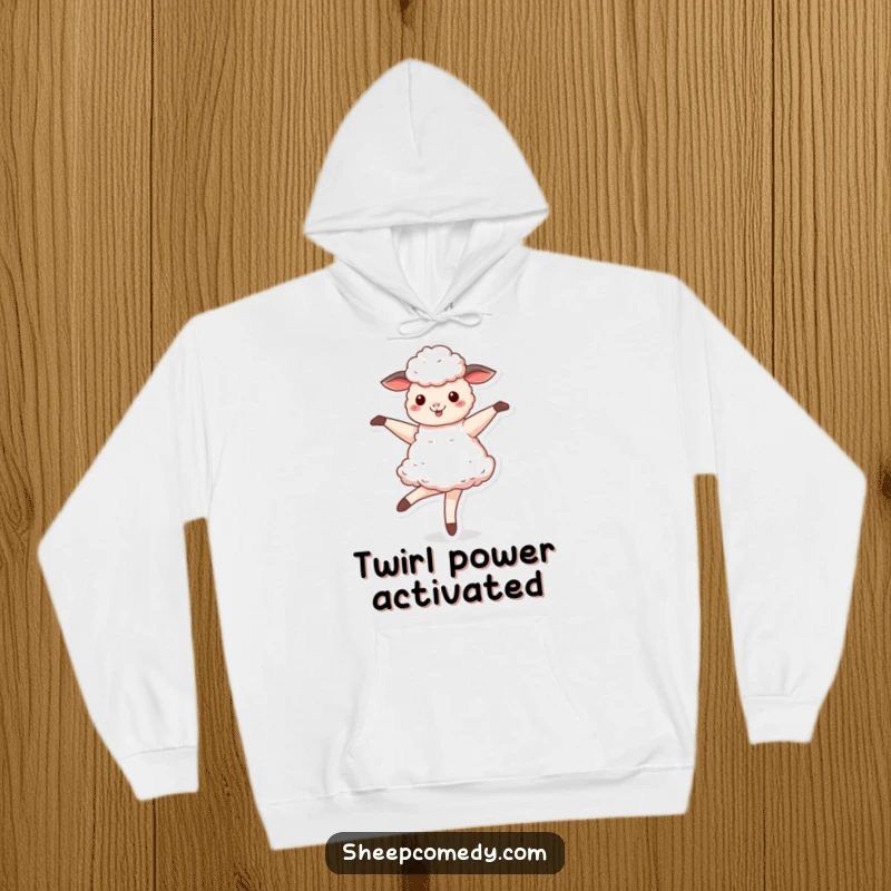 Funny Sheep hoodie depicting a happy sheep enthusiastically twirling with the grace of a prima ballerina.