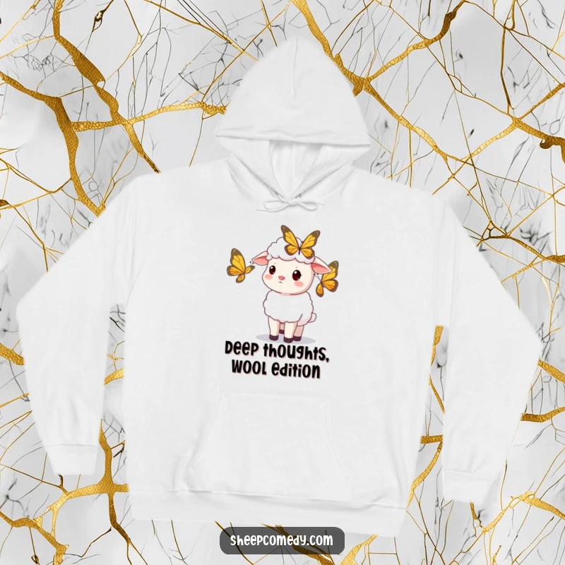Funny sheep hoodie, head tilted in curiosity watching a butterfly, warm and whimsical, a great funny gift.