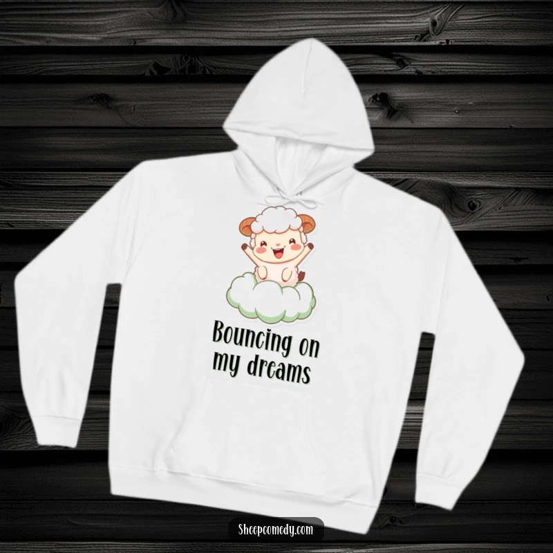 Funny Sheep Hoodie: A sheep character gleefully bouncing on a fluffy green cloud, offering cozy and humorous comfort.
