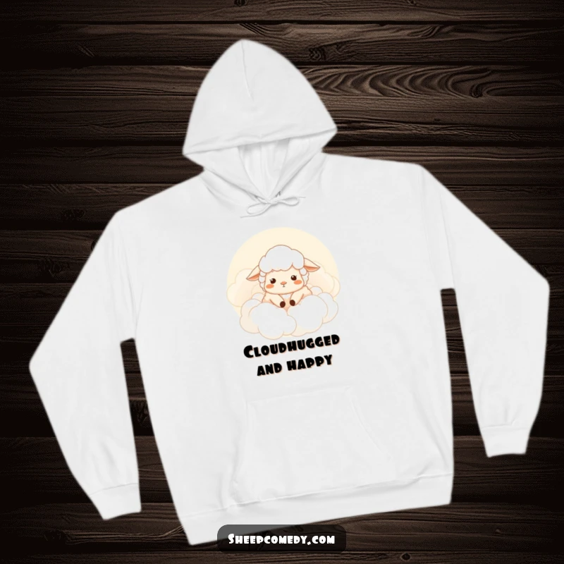 Funny sheep hoodie, sheep sighing contentedly amongst fluffy clouds, ultimate comfort and humor, a perfect funny gift.
