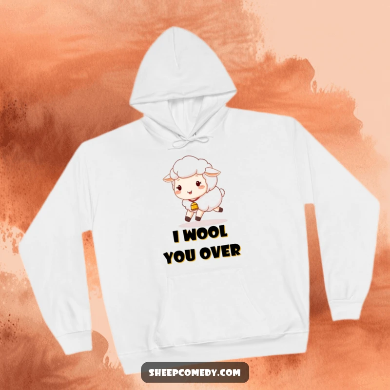 Funny Sheep Hoodie: A delightful sheep with a tiny bell joyfully skips along, offering warmth and a funny, heartwarming design.