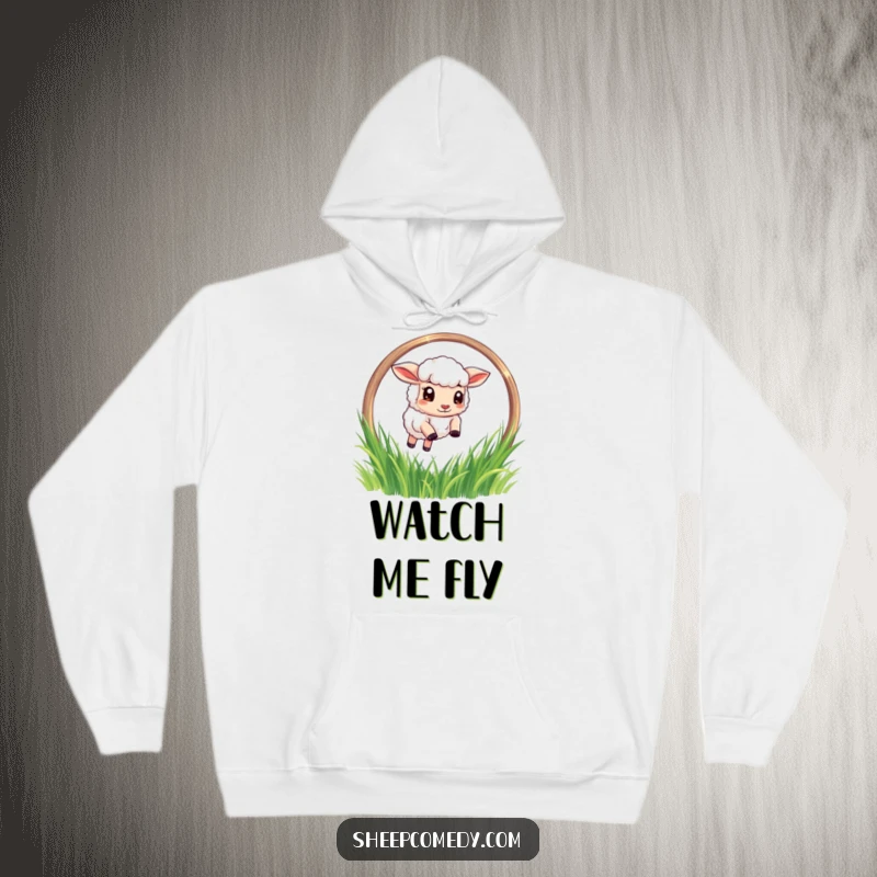 Funny Sheep Hoodie: A determined sheep character soaring through a grassy hoop, offering warmth and a hilarious, action-packed vibe.