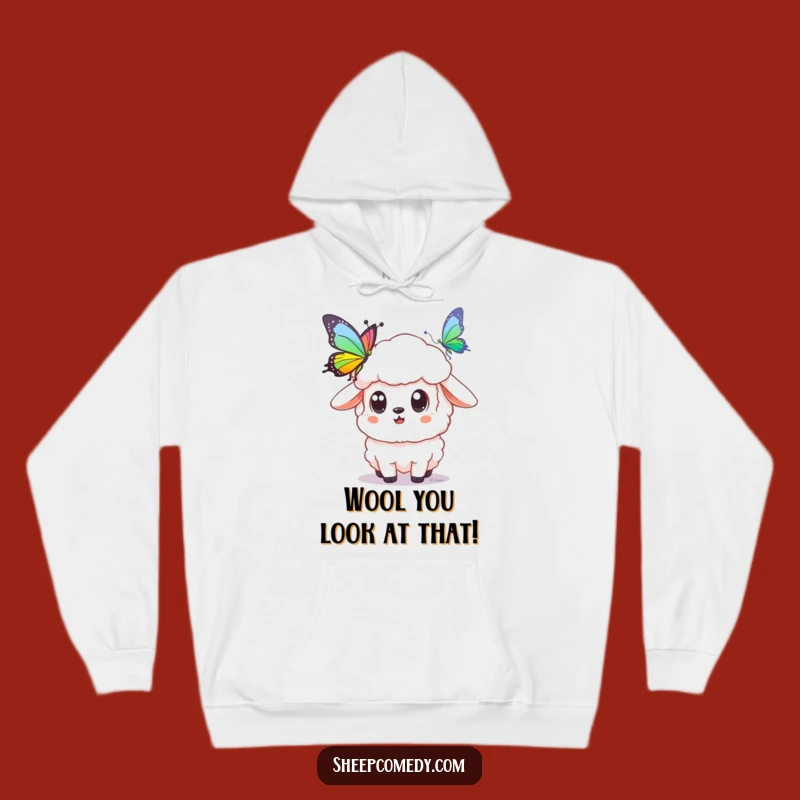 Funny Surprised Sheep Hoodie: Cozy Moments with Rainbow Butterfly Magic