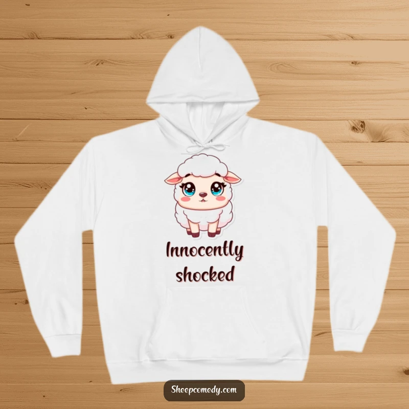 Funny Sheep Hoodie featuring an innocent sheep character with wide, surprised eyes, embodying gentle astonishment.