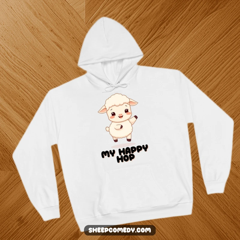 Funny sheep cub hop hoodie, depicting a happy lamb doing a gentle bounce, ideal for cozy and cheerful lounging.