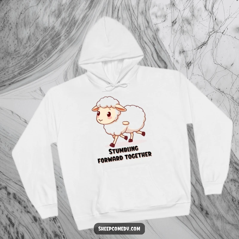 Funny hoodie depicting a sheep character with shaky, wobbly legs walking side-by-side with a steadfast friend, symbolizing support.