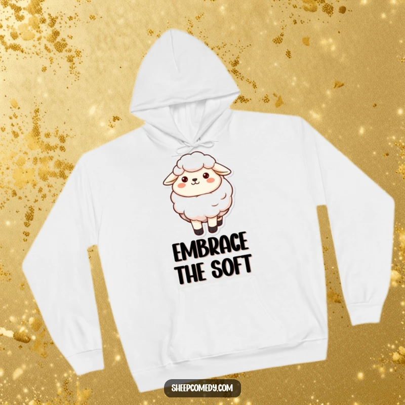 Funny sheep character with a contented smile and invitingly soft wool, depicted on a warm, cozy hoodie.