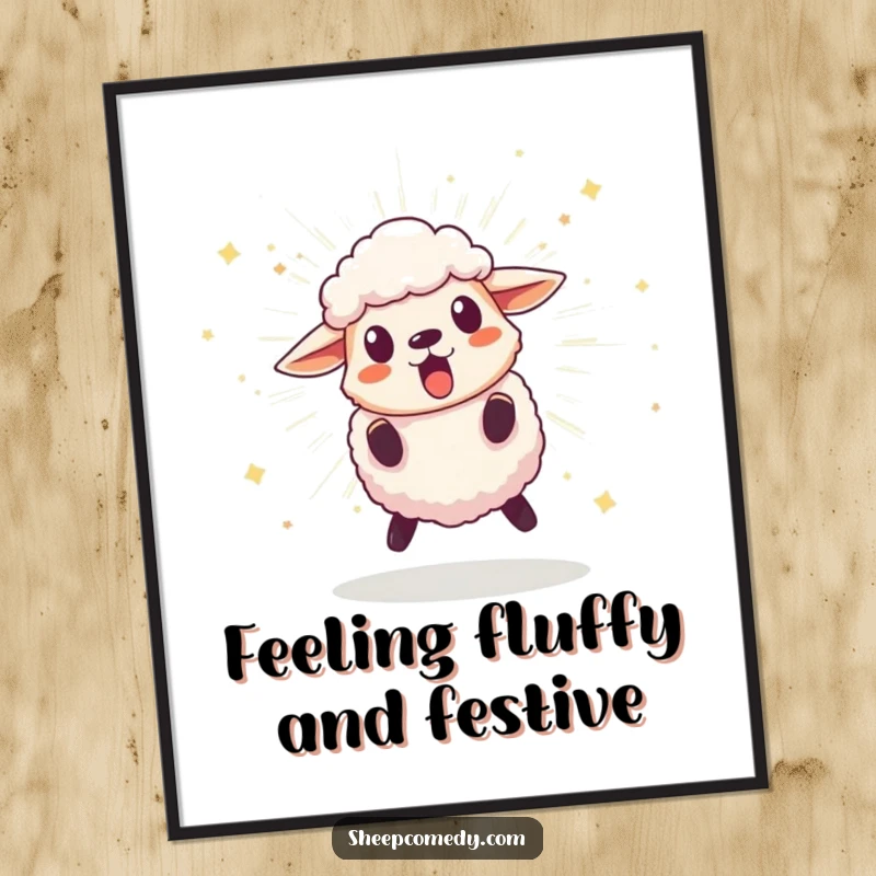 Funny Free Printable Wall Art of a sheep character leaping back in surprise from a bursting, sparkling pom-pom.