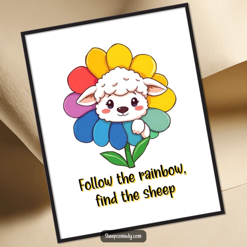 Funny Free Printable Wall Art: A sheep with curious eyes peeking from behind a large, vibrant rainbow-colored flower.