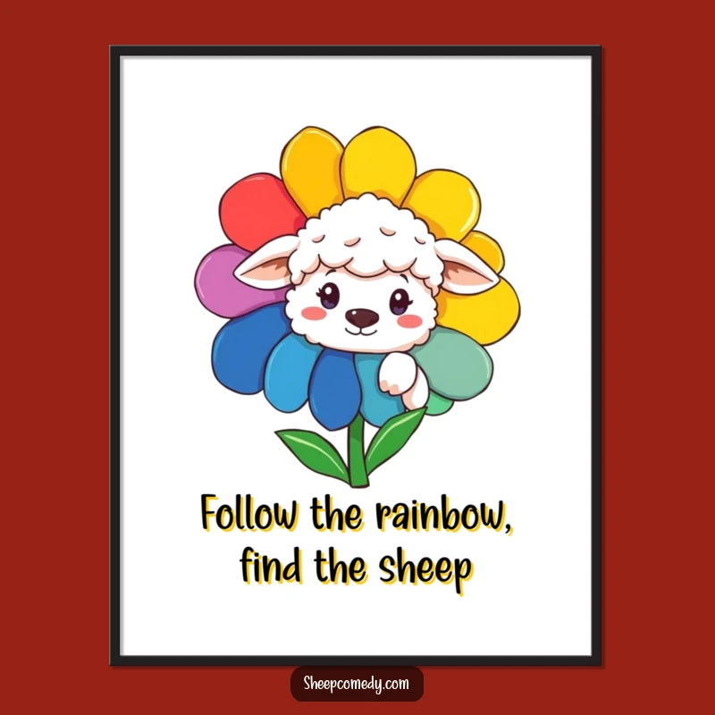 Funny Free Printable Wall Art: Curious Sheep Behind Rainbow Flower - Quirky Decor