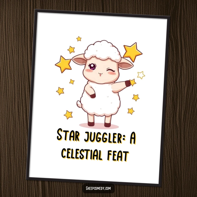Funny Free Printable Wall Art: A mischievous sheep winks while juggling a cascade of bright stars.
