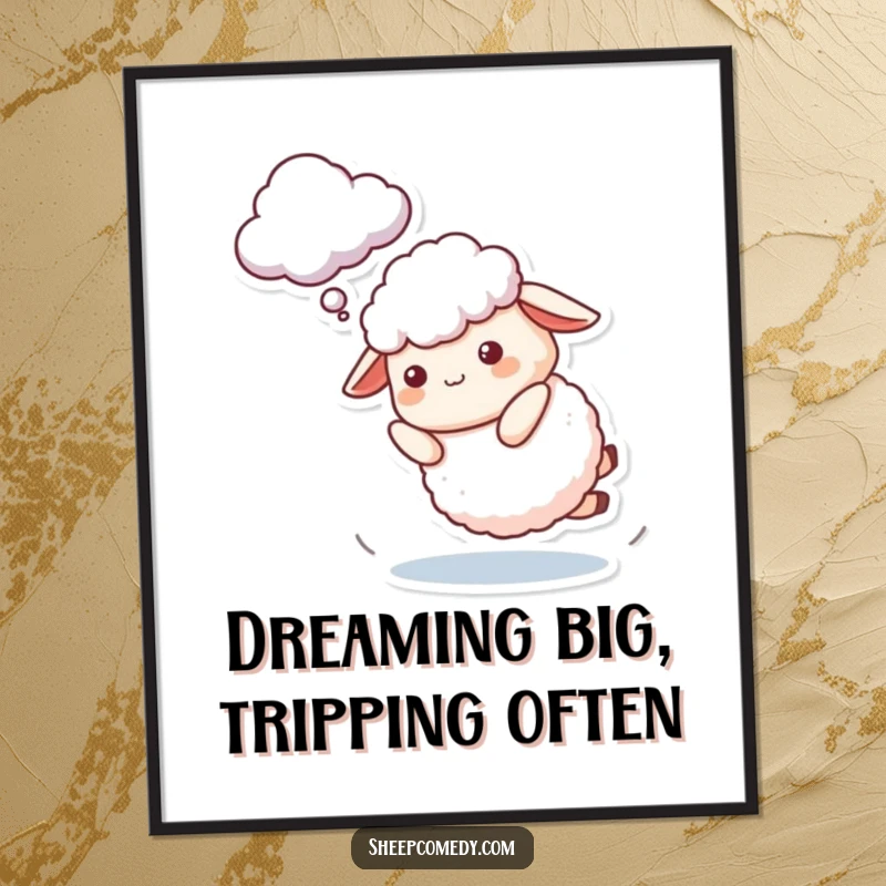 Funny Free Printable Sheep Wall Art: A sheep character mid-trip while chasing a cloud, embodying playful struggle and humor.