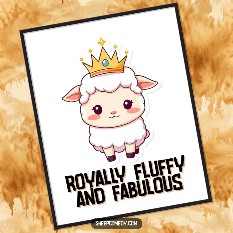Funny Free Printable Sheep Wall Art: A sheep balancing a small, sparkly crown, exuding regal and humorous vibes.
