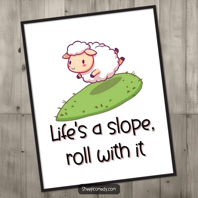 Funny Free Printable Sheep Wall Art: Sheep energetically rolling down a gentle, green grassy slope.