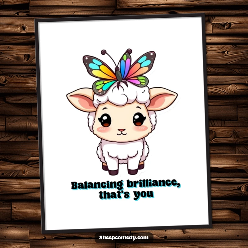 Funny Free Printable Wall Art: A sheep comically balancing a colorful butterfly on its fluffy head, art for a whimsical room.