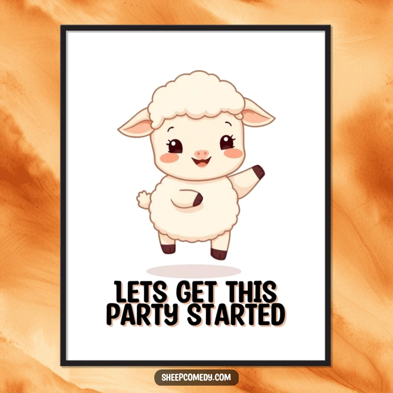 Funny Free Printable Wall Art of a happy sheep cub doing a gentle, bouncy hop, a cute and downloadable piece.