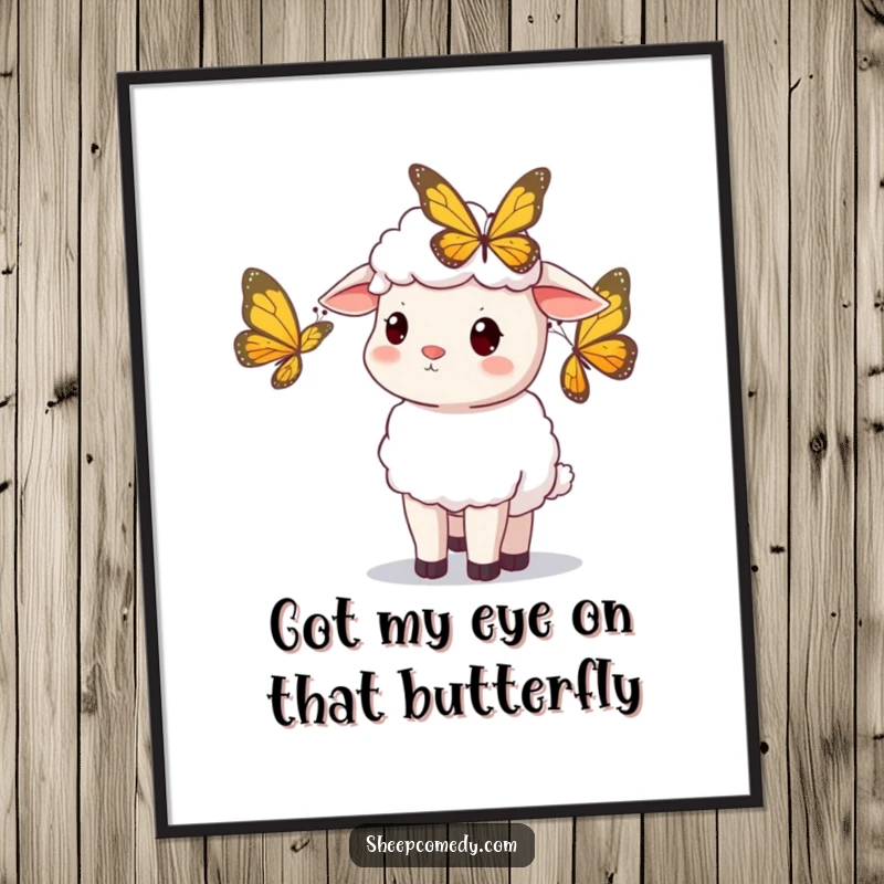 Funny Free Printable Wall Art of a sheep tilting its head inquisitively at a mesmerizing, colorful butterfly in flight.
