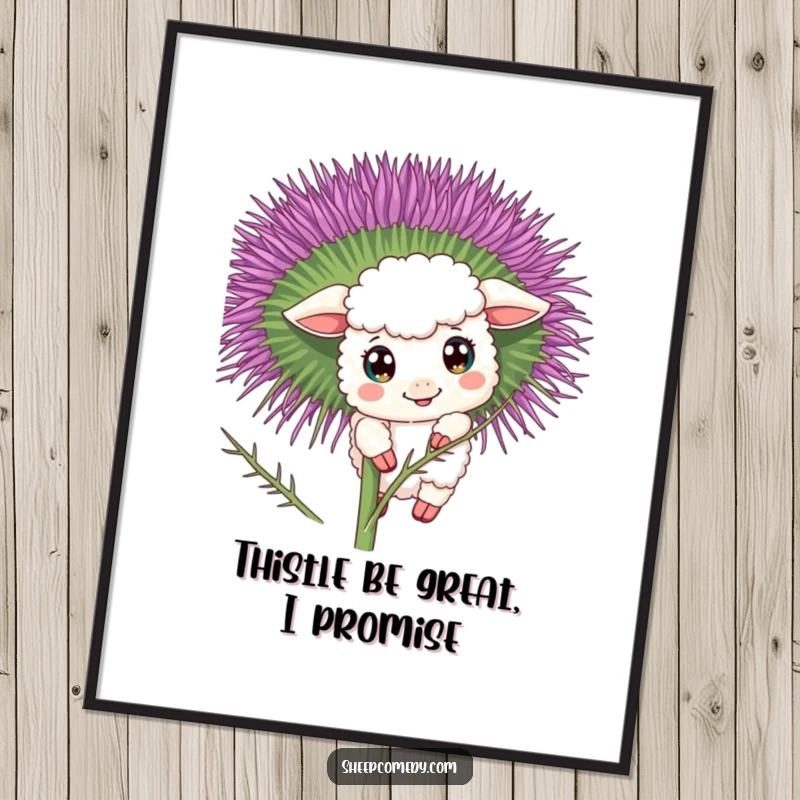 Funny Free Printable Wall Art: A curious sheep with wide eyes peeking from behind a large blooming thistle, whimsical decor.