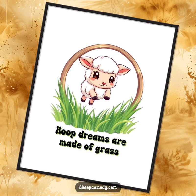Funny Free Printable Wall Art of a determined sheep energetically leaping through a shimmering grass hoop.
