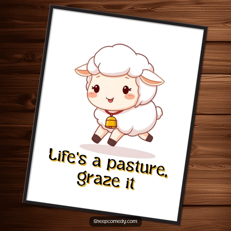 Funny Free Printable Wall Art: A joyful sheep with a tiny bell tinkling merrily as it skips along.