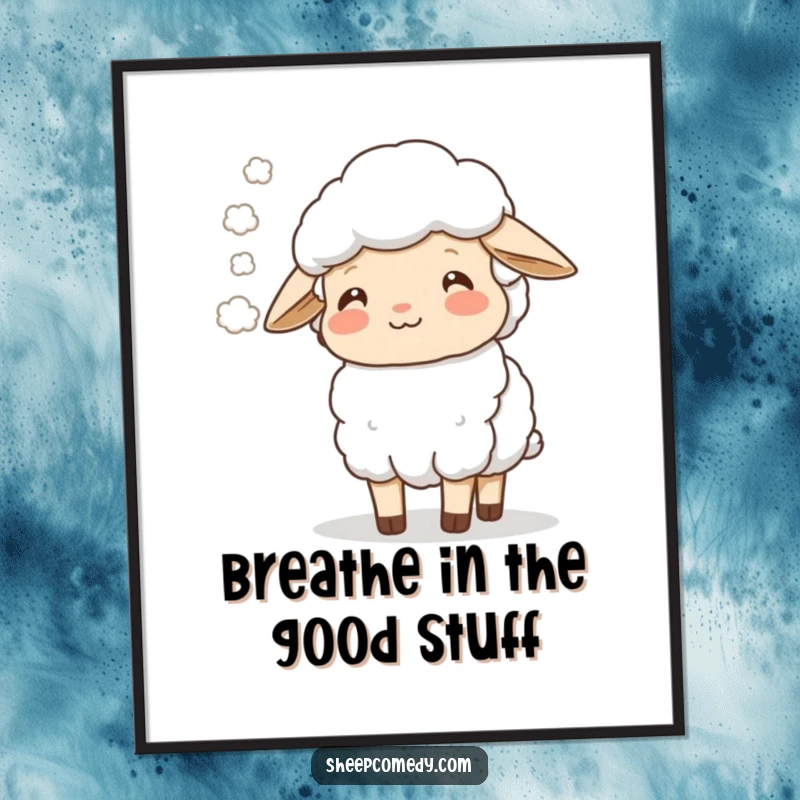 Free Printable Wall Art: A contented sheep blows a soft, hazy mist cloud with a happy, peaceful exhale.