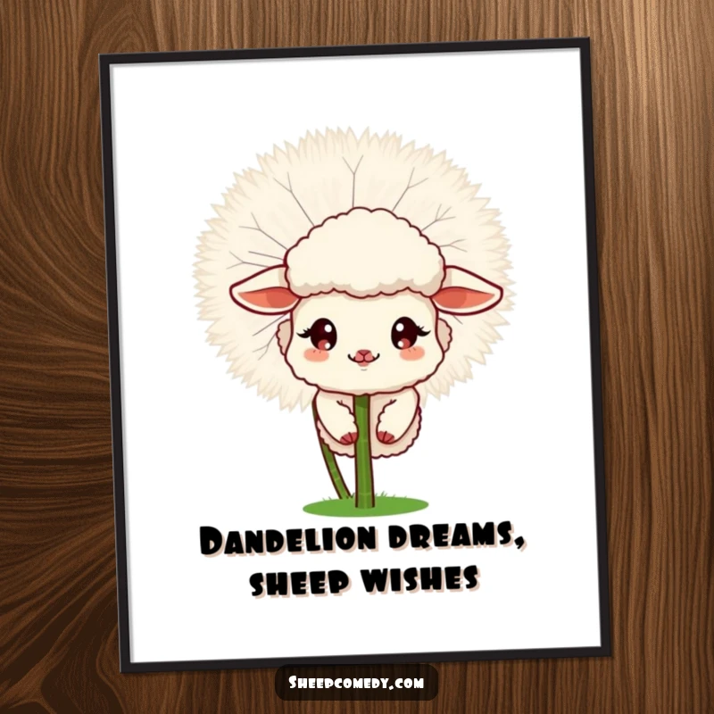 Funny Free Printable wall art of a sheep peeking out from behind a giant, fluffy dandelion, looking curious and sweet.