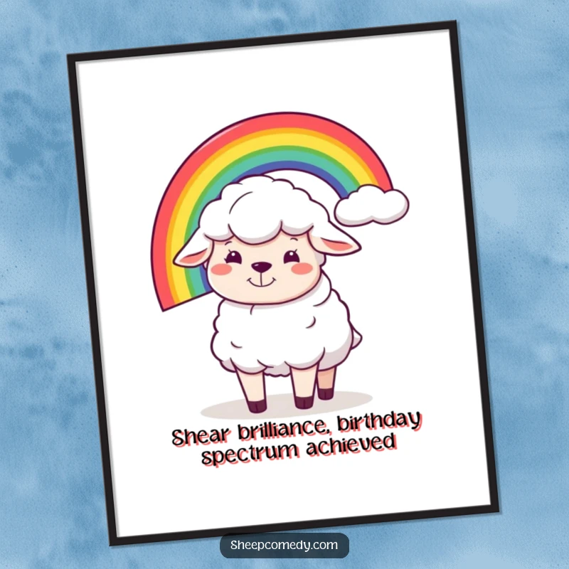Funny Free Printable Wall Art: Goofy sheep with a silly grin balancing a bright rainbow on its back.
