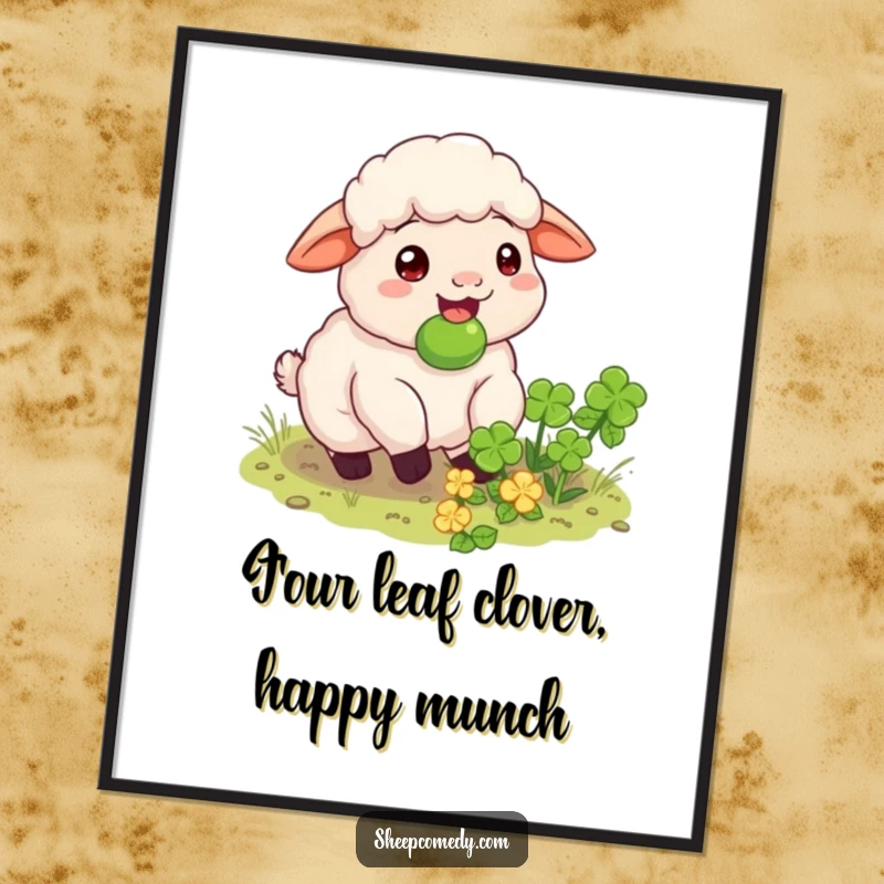 Funny Free Printable Wall Art: A sheep with a happy expression munches contentedly on a hidden clover patch.