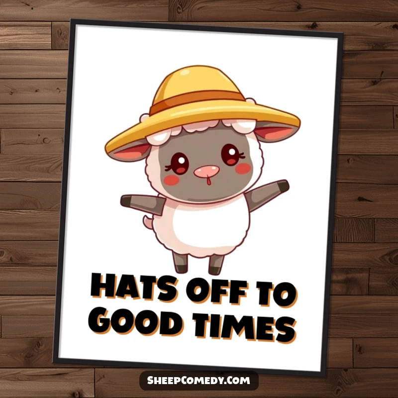 Funny Free Printable Wall Art: A sheep with a goofy expression playfully twirls while wearing a tiny straw hat.