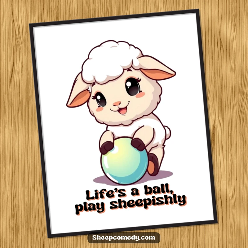 Funny Free Printable Wall Art: A sheep with a happy expression actively plays with a shiny, round ball.