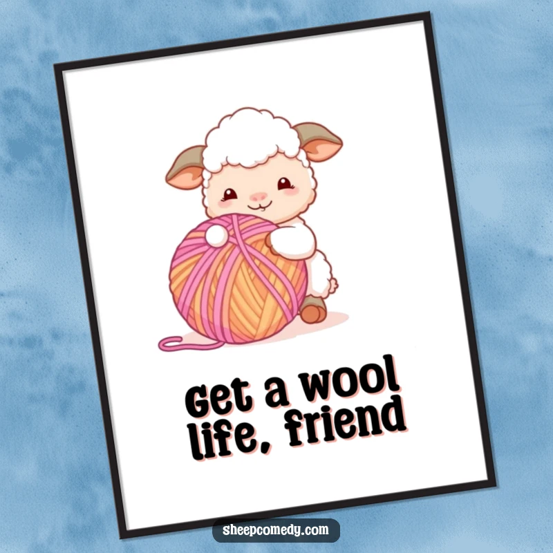 Funny Free Printable Sheep Wall Art: Sheep happily playing with a huge, colorful ball of yarn.