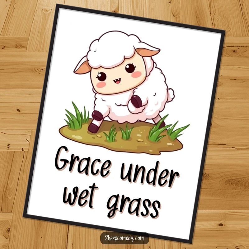 Funny Free Printable Wall Art: A sheep comically slipping on a patch of shiny, wet grass, embodying pure amusement.