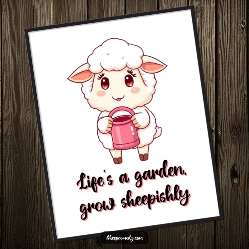 Funny Free Printable Wall Art: A sheep with a playful, mischievous look waters a tiny plant, adding whimsy.