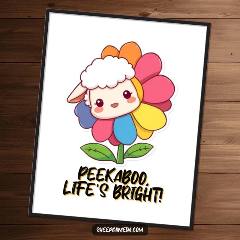 Funny Free Printable Wall Art: A sheep curiously peeks from behind a vibrant, rainbow-colored flower, adding whimsy to decor.