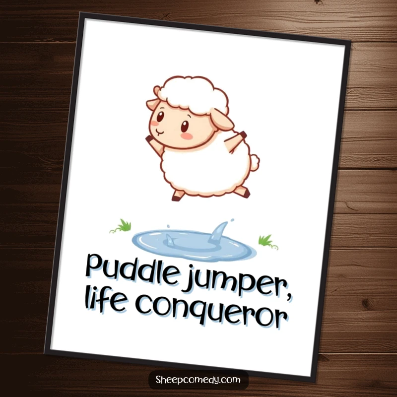 Funny Free Printable Wall Art: A determined sheep joyfully jumps over a small, sparkling puddle in this art.