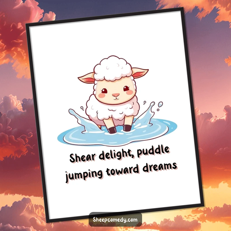 Funny Free Printable Wall Art: Playful sheep joyfully splashing in a puddle that looks like a bright blue sky.